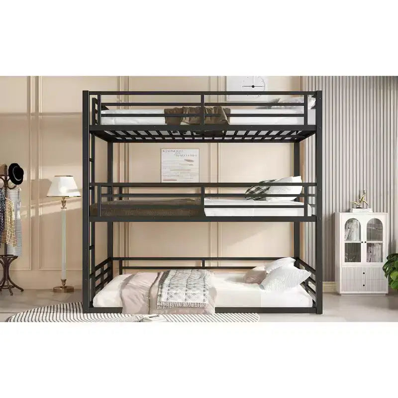 Dreifach-Etagenbett, Metall-Etagenbett in voller Größe mit Sicherheitsgeländern, robustes Etagenbett mit geräuschreduziertem Design, Schwarz