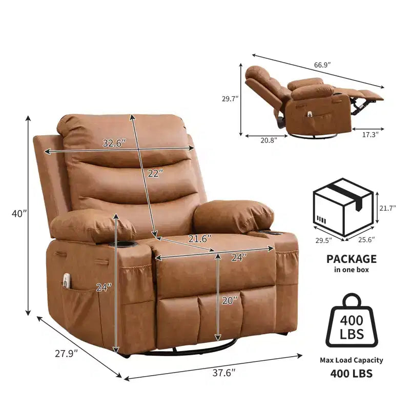 Poltrona reclinabile a dondolo girevole a 360° oversize con massaggio e calore - sedia lounge ergonomica con portabicchieri e tasche laterali per soggiorno e cameretta