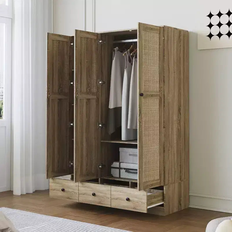 Famapy Rattan-Kleiderschrank mit 3 Schubladen, Schrank mit 3 atmungsaktiven Rattantüren, hoher Stauraumschrank im Landhausstil für das Schlafzimmer