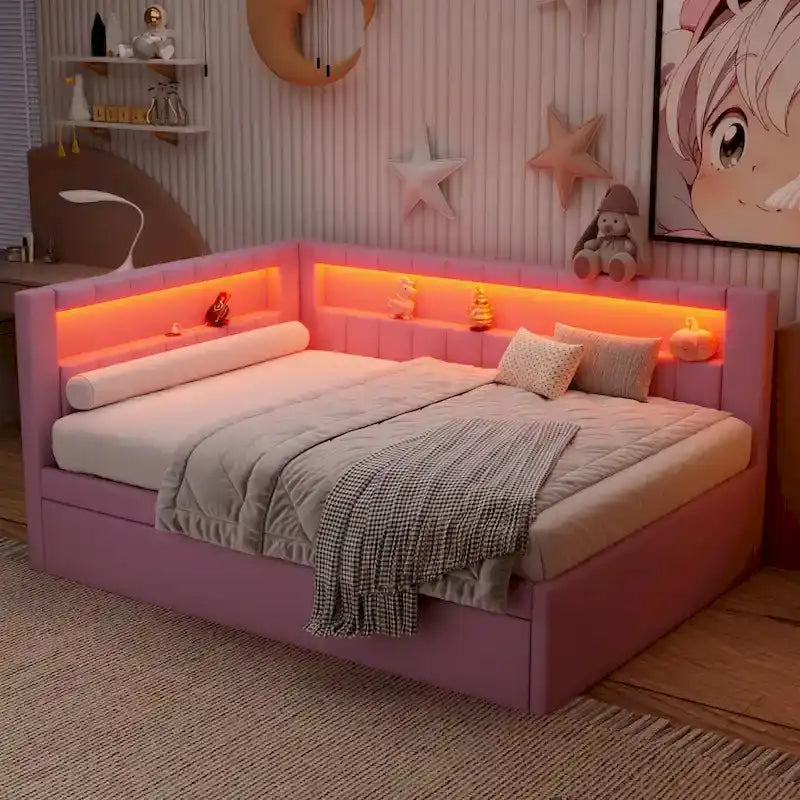 Gestoffeerd platformbed met USB-poorten en ledverlichting - bedframe voor tweepersoonsbed/twin-size met 2 opberglades - moderne slaapkamer