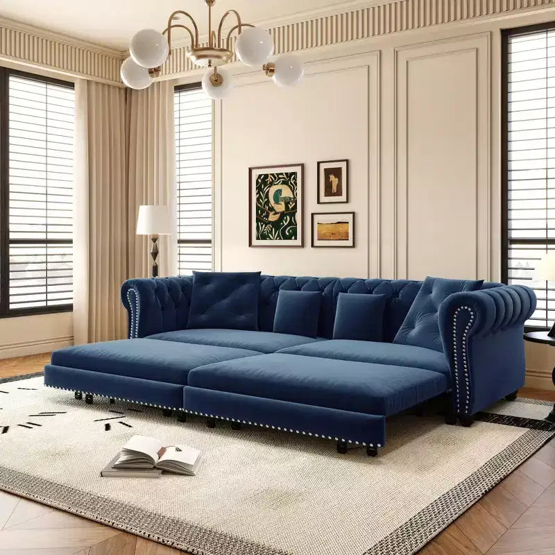 Divano letto estraibile king size 3-in-1 Whisen in velluto e divano letto trasformabile con pouf mobile e design trapuntato