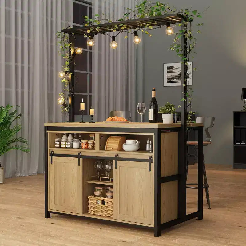 Kücheninsel, Bäckerregal mit Schiebetür im Scheunentor-Stil, 42 Zoll großer Küchentisch mit 3-stufigem Mikrowellenständer, Ofenablagen und Kaffeebartisch-Set