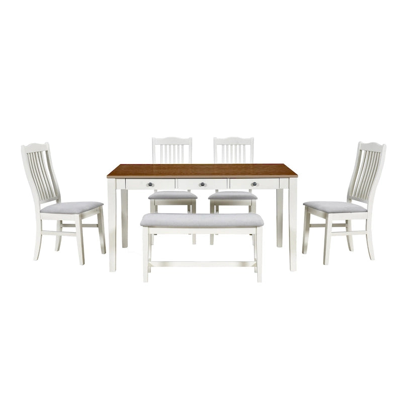 Set da pranzo in legno da 6 pezzi con 4 sedie e panca, tavolo con cassetto