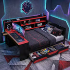 Κρεβάτι ημέρας Gamer Hub με γραφείο, φωτισμό RGB, σταθμό φόρτισης, συρτάρια αποθήκευσης και κεφαλάρι-βιβλιοθήκη