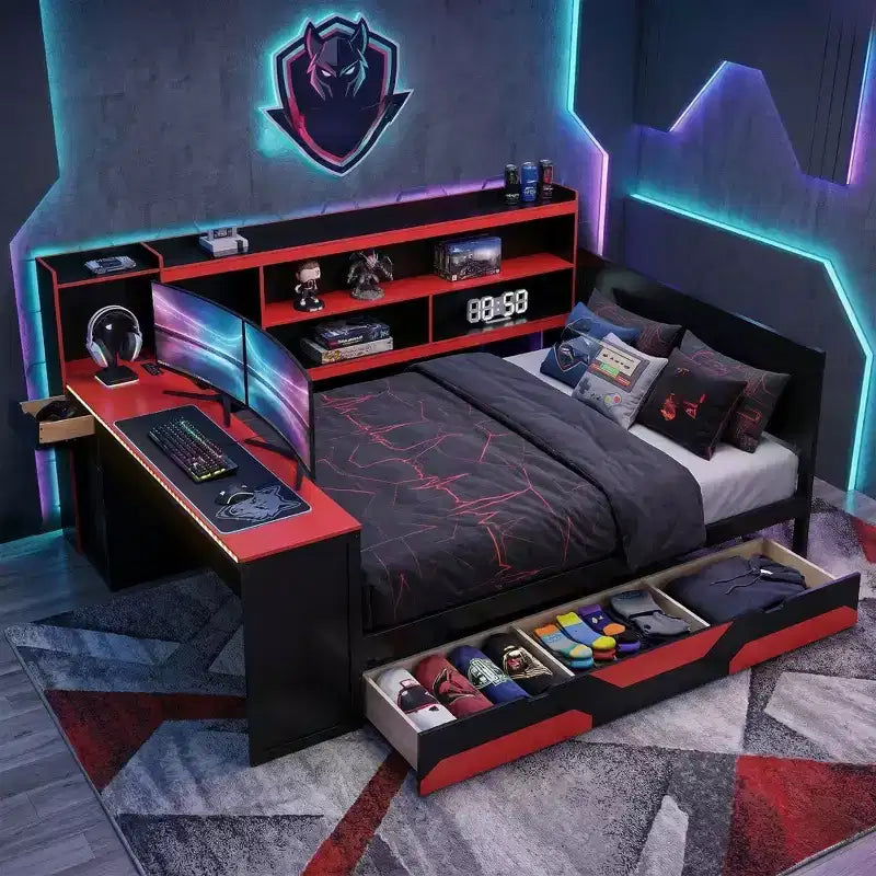 Κρεβάτι ημέρας Gamer Hub με γραφείο, φωτισμό RGB, σταθμό φόρτισης, συρτάρια αποθήκευσης και κεφαλάρι-βιβλιοθήκη