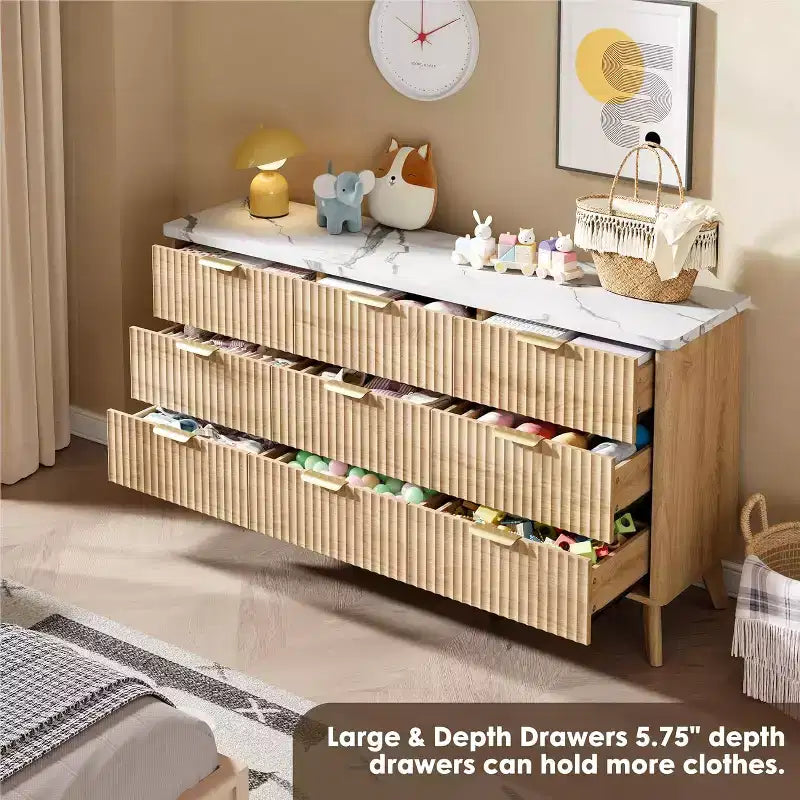 Dressoir met 9 laden en geribbelde voorkant, moderne ladekast, houten dressoir/TV-meubel met gebogen profiel, voor woonkamer of hal