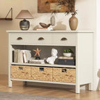 Entryway Console Table with Storage, Farmhouse Hallway Table with 3 Drawers and 3 Water Hyacinth Baskets for Living Room or Foyer - Panipeachy