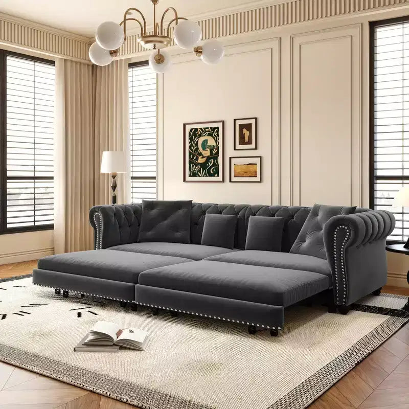 Divano letto estraibile king size 3-in-1 Whisen in velluto e divano letto trasformabile con pouf mobile e design trapuntato