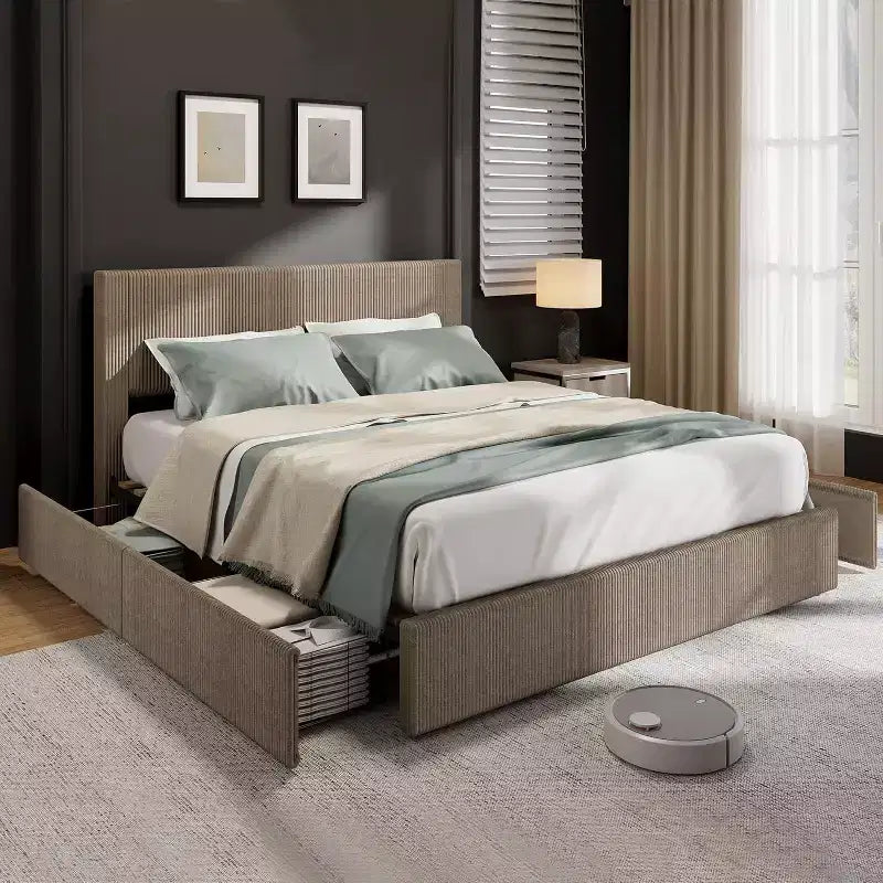 CuisinSmart-Bettgestell aus Cord mit Kopfteil, gepolstertes Podestbett mit 4 Aufbewahrungsschubladen und Lattenrost aus Holz
