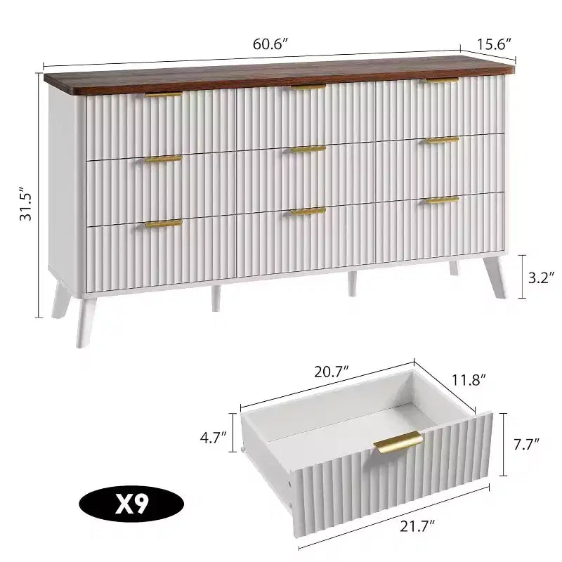 Dressoir met 9 laden en geribbelde voorkant, moderne ladekast, houten dressoir/TV-meubel met gebogen profiel, voor woonkamer of hal