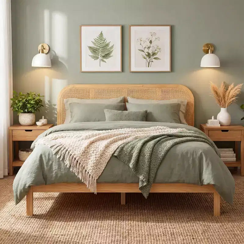 Christopher Knight Home Callahan modernes Boho-Bettgestell aus Holz mit Lattenrost und Rattan-Kopfteil