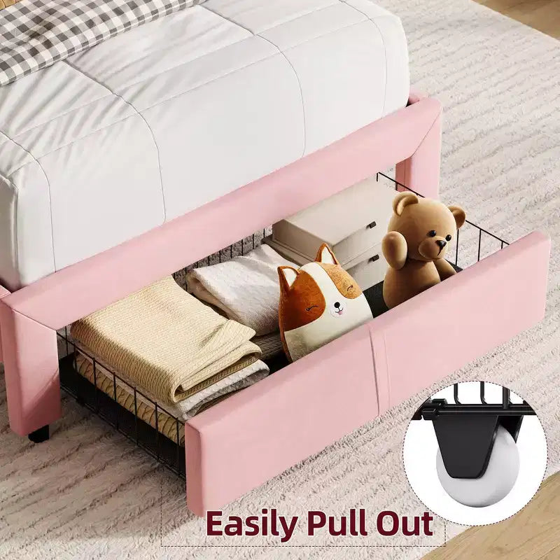Struttura letto singolo doppio con 2 cassetti contenitore e testiera, rivestita in velluto, profilo basso, senza rumori, facile da assemblare, rosa