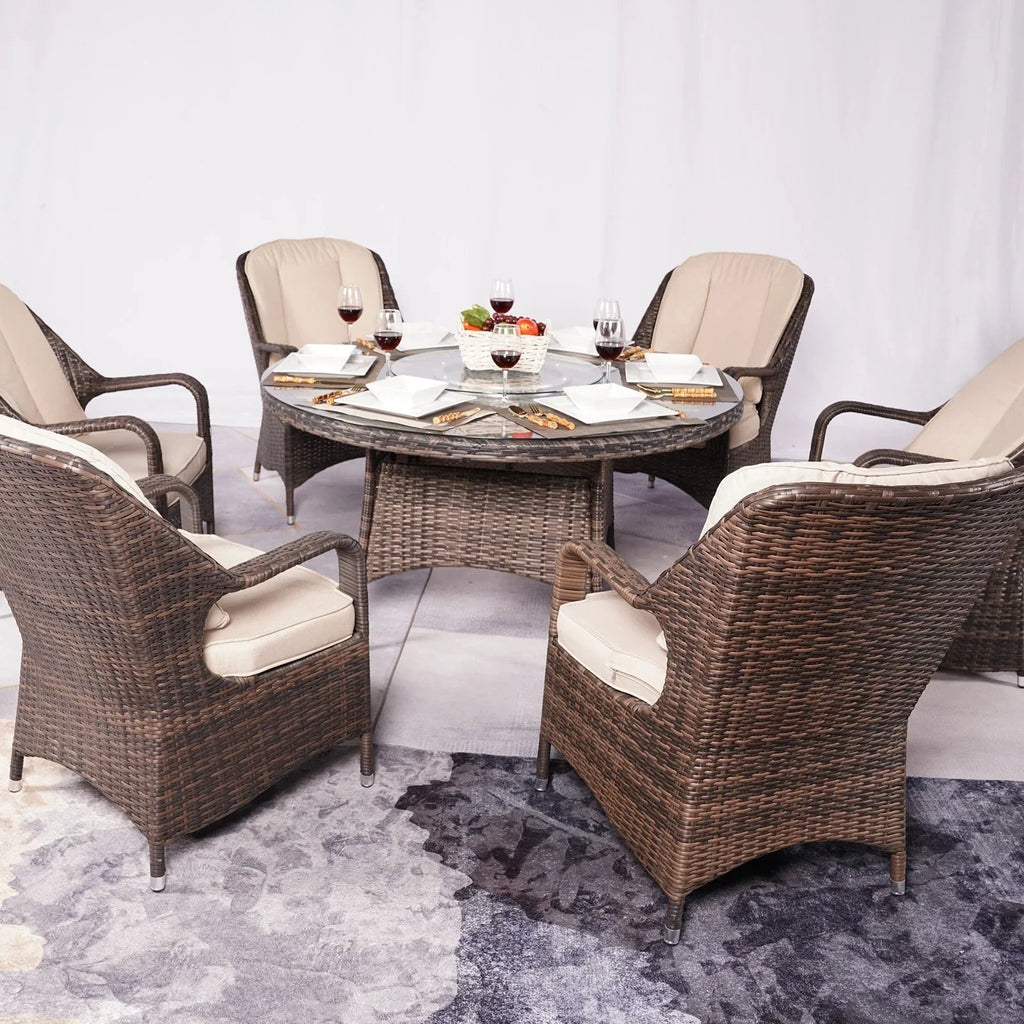 7-delige ronde eetset van rotan voor buiten op het terras, met kussens, van Moda Furnishings