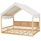 Whisen Full Size Wooden Floor Bed Frame, House-Shaped Daybed with Fense, 3 Storage Bookshelves, Curtain