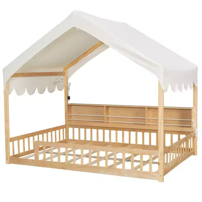 Whisen Struttura letto da terra in legno a una piazza e mezza, divano letto a forma di casetta con recinzione, 3 librerie contenitore, tenda