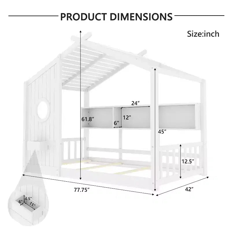 Huisvormig platformbed voor eenpersoonsbed/tweepersoonsbed, peuter-vloerbed, Montessori-kinderbed en speelhuisbed met opbergplank - ModernLuxe