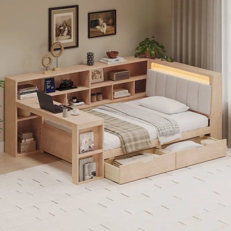 Divano letto in legno a forma di L con scrivania, libreria, letto angolare con cassetti sottoletto, testiera imbottita con luce integrata