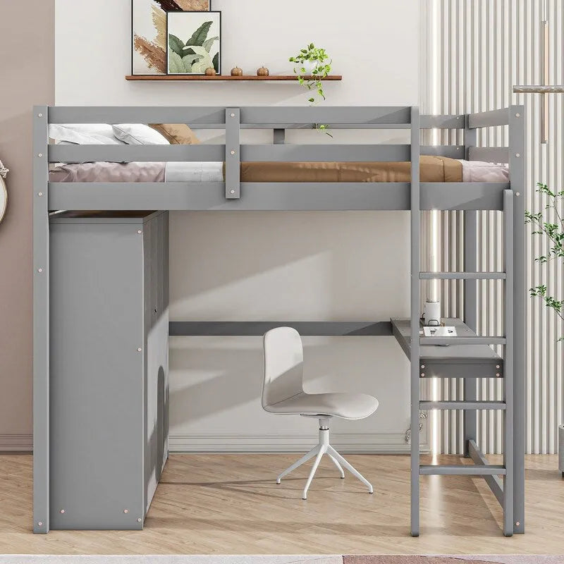 Houten hoogslaper voor tweepersoonsmatras met ingebouwde kledingkast, bureau, opbergplanken en laden