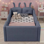 Whisen Twin Platform Bed, Kids Floor Upholstered Bed Frame with Rabbit Cushion, Removable Side Rails