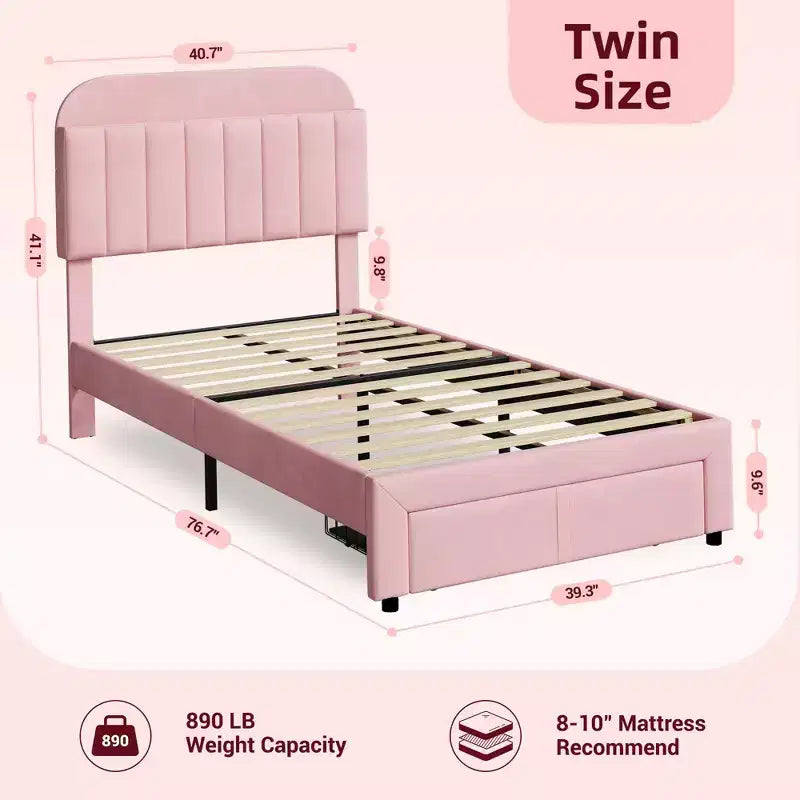 Struttura letto singolo doppio con 2 cassetti contenitore e testiera, rivestita in velluto, profilo basso, senza rumori, facile da assemblare, rosa