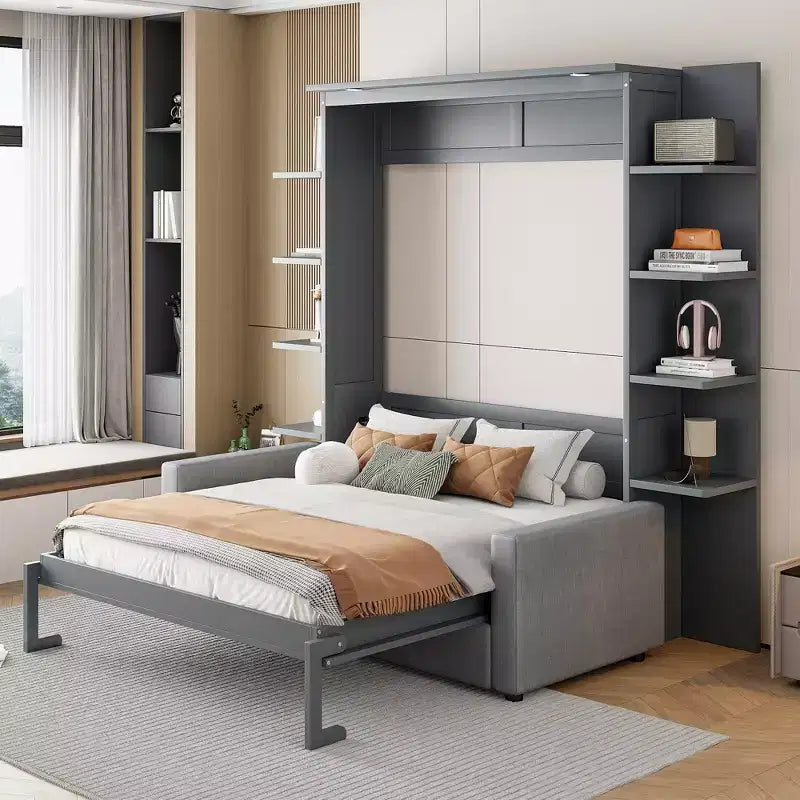 Queen-Murphy-Bett zum Herunterklappen mit Sofa, Schrankbett in Queensize zum Falten mit Bücherregal und Einlegeböden für Gästezimmer oder Büro