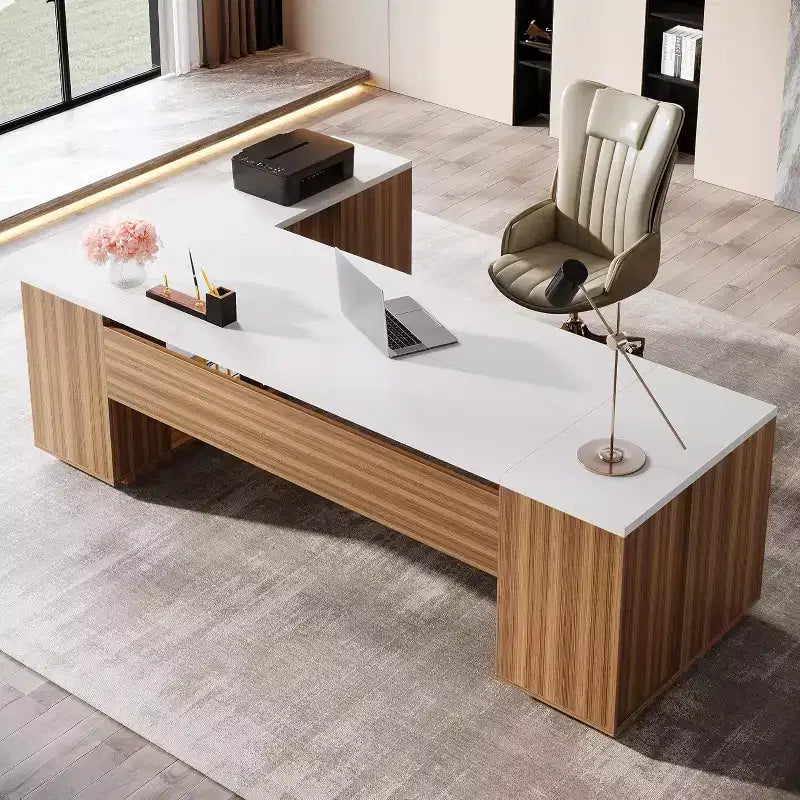 Mejda eżekuttiva f’forma ta’ L Lantine 85.8, mejda tal-kompjuter tal-uffiċċju extra kbira bi kxaxen għall-fajls għall-uffiċċju tad-dar