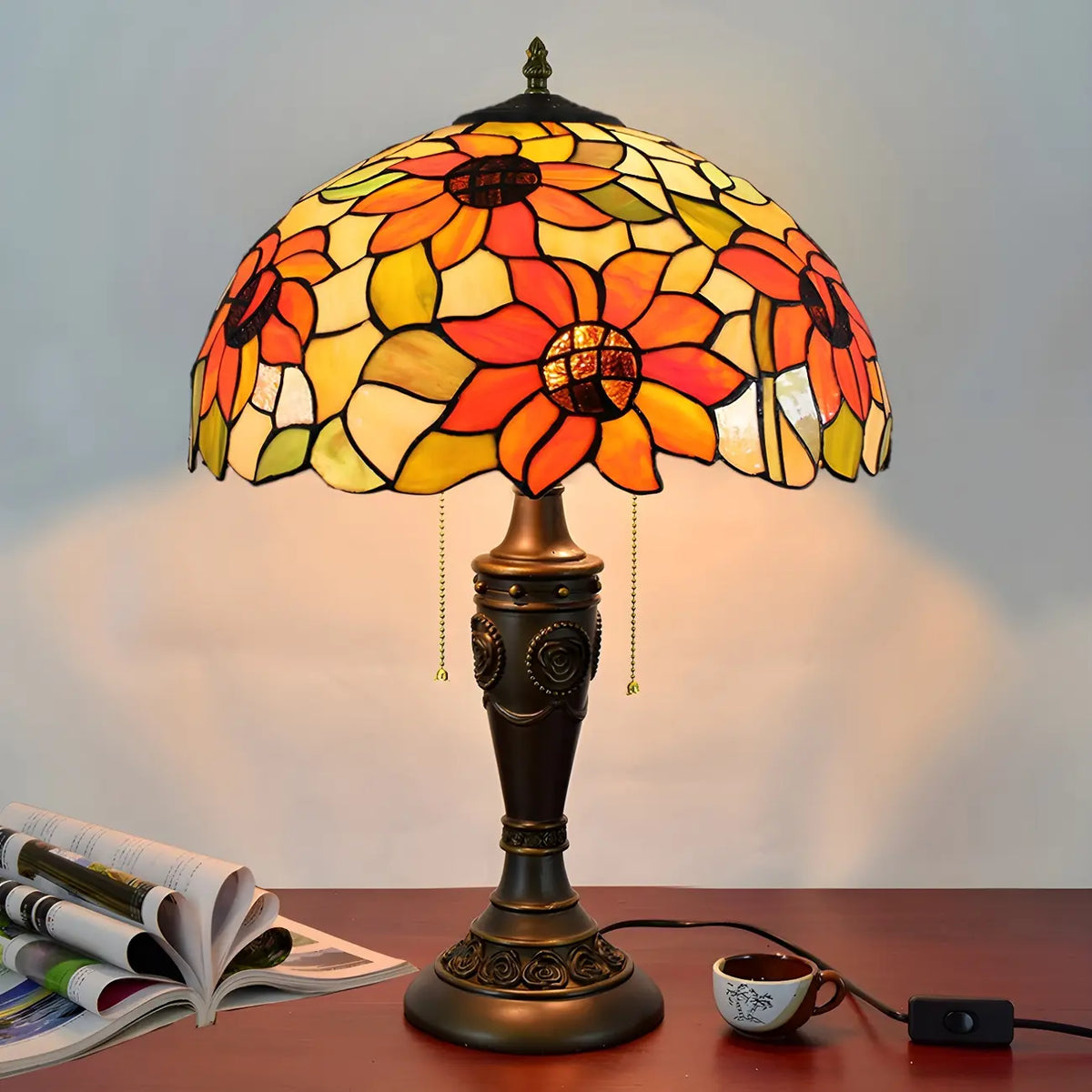 HomeyFad Vintage-Tischlampe mit 2 Leuchten, Edelstahlsockel und gläsernem Kuppelschirm