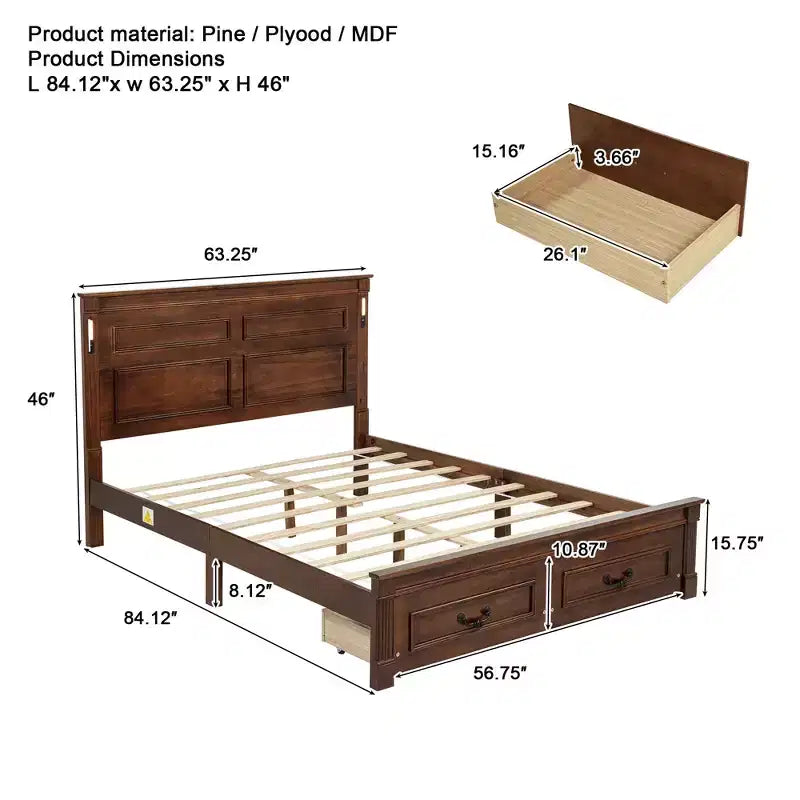 ModernLuxe Plattformbett in Queen-/King-Size mit hohem Kopfteil, rustikaler Bettrahmen aus Holz mit 2 Schubladen, LED-Leuchten und USB-Anschlüssen