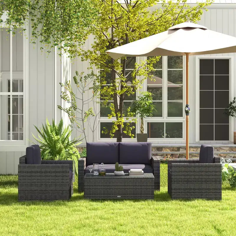 4-delige rotan loungeset, rieten terrasbankstel met loveseatstoelen en salontafel met glazen blad voor de tuin