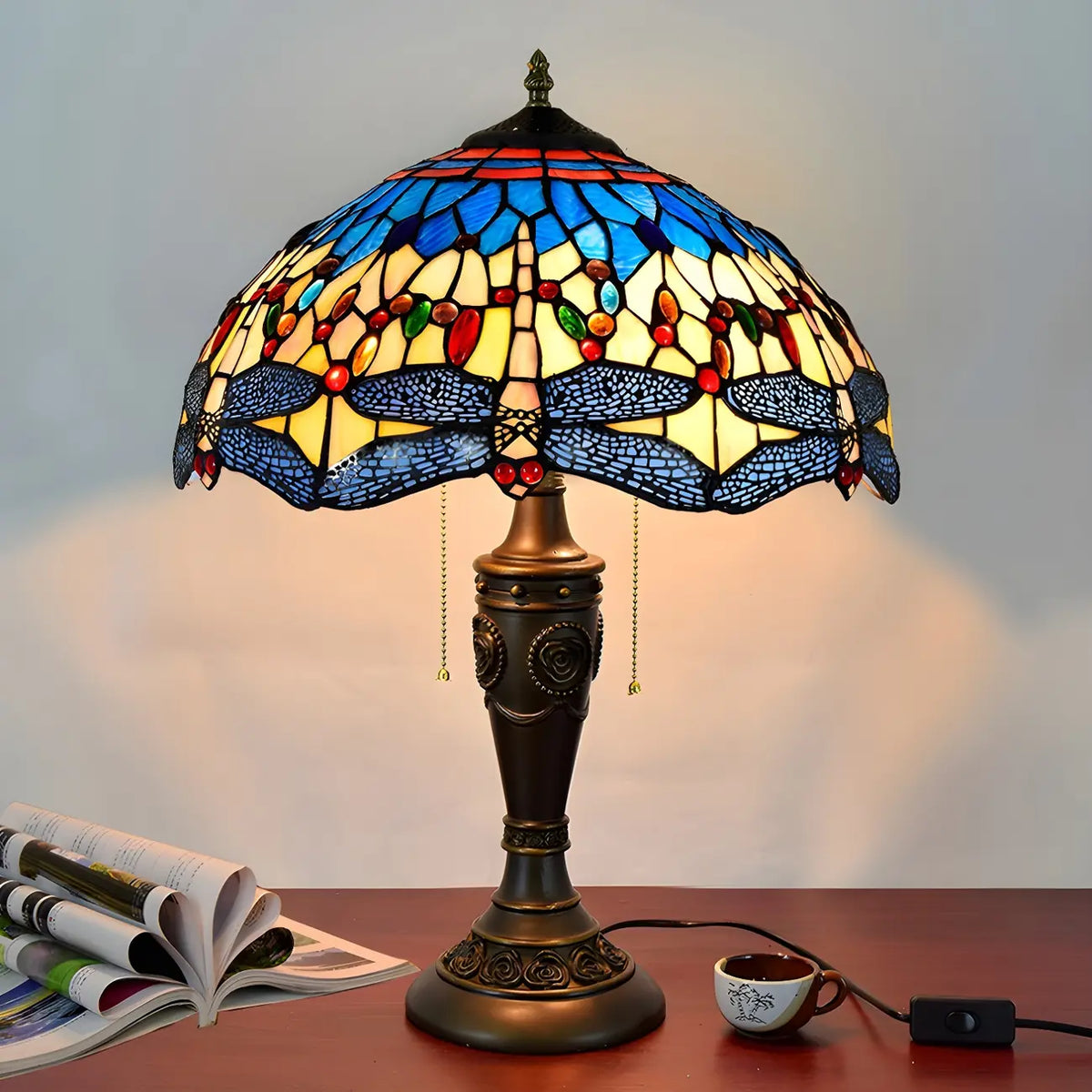 HomeyFad Vintage-Tischlampe mit 2 Leuchten, Edelstahlsockel und gläsernem Kuppelschirm