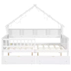 Full Size House Bed Frame with Drawers, House Platform Bed with LED Lights, Storage Shelves & Drawers, Wood Daybed with Roof and Guardrail