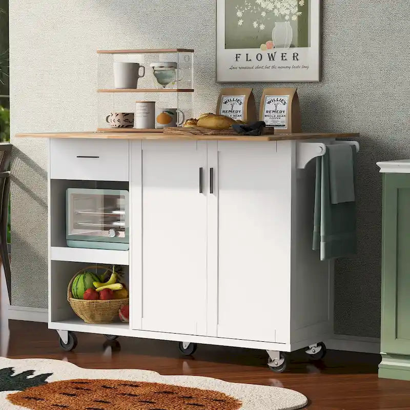 Isola da cucina con piano di lavoro pieghevole, carrello portaoggetti da cucina con ripiano estraibile, portasciugamani e cassetto, ruote girevoli