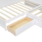 Twin Size L-shaped Platform Bed with Trundle & Charging Station, Wood Bed Frame with Bookshelf