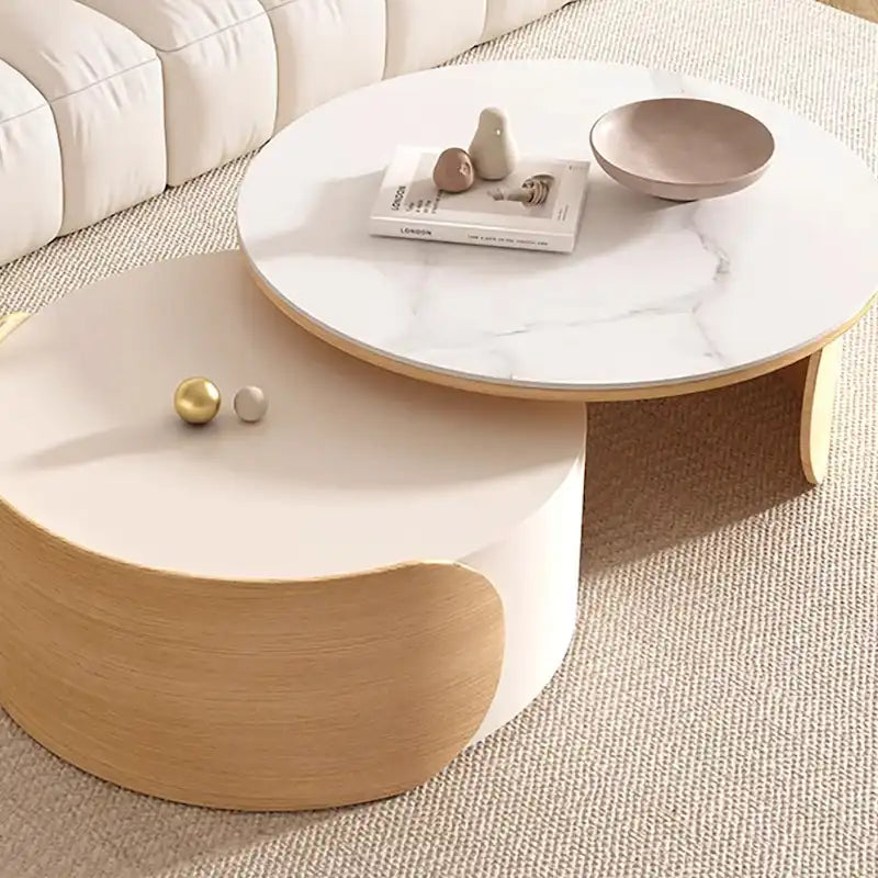 Tavolino da caffè rotondo moderno, piano in pietra, legno naturale - 50 x 31,5