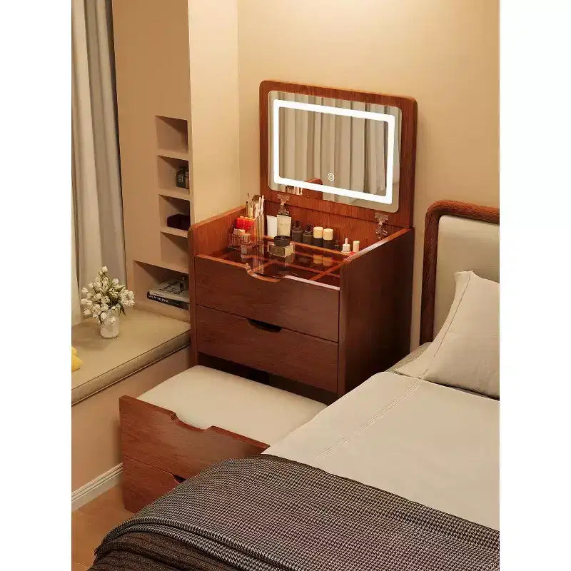 Toeletta 3-in-1 Okak con specchio ribaltabile, toeletta compatta con piano in vetro trasparente e sgabello imbottito, scrivania da toeletta per camera da letto