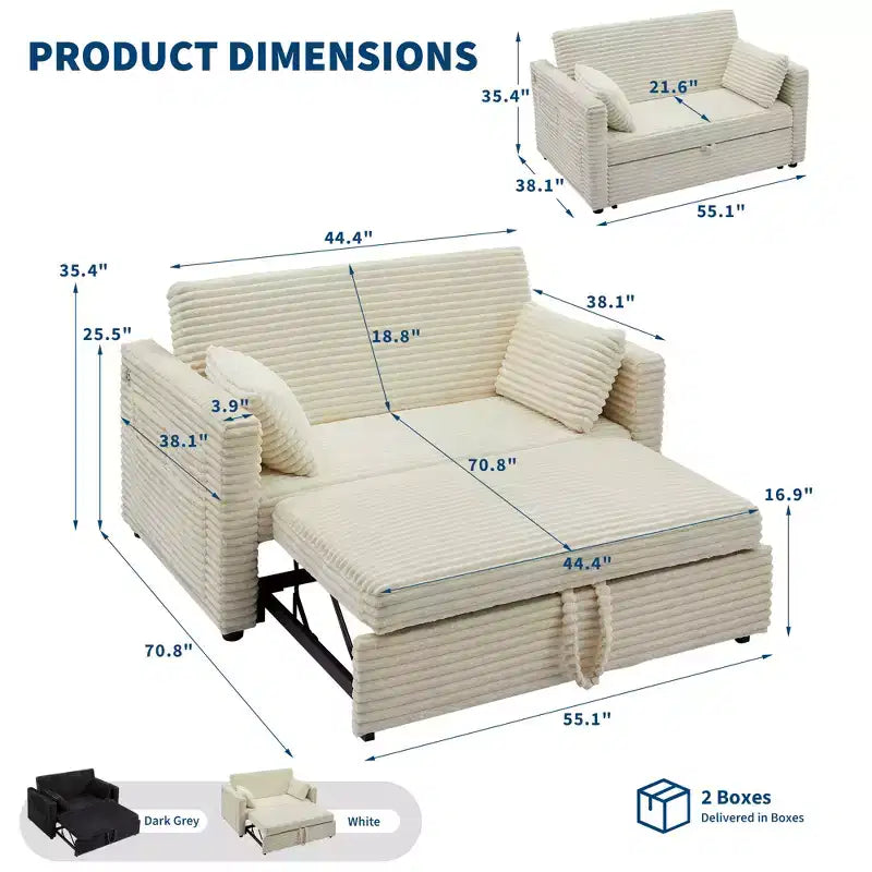 55 converteerbare loveseat-slaapbank met uitschuifbare voetensteun en verstelbare rugleuning, ruimtebesparende bank voor kleine appartementen