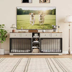 82 Double Dog Crate Furniture, Large Dog Kennel Indoor for 2 Dogs, Heavy Duty Wooden Dog Crate TV Stand with 4 Drawers and Shelves