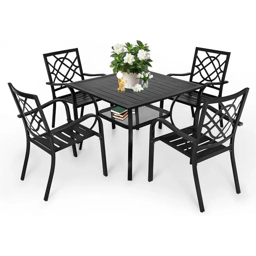 Set da pranzo SUNCROWN da esterno per patio, da 5/7 pezzi, in acciaio, con tavolo a doghe metalliche e sedie impilabili, struttura verniciata a polvere