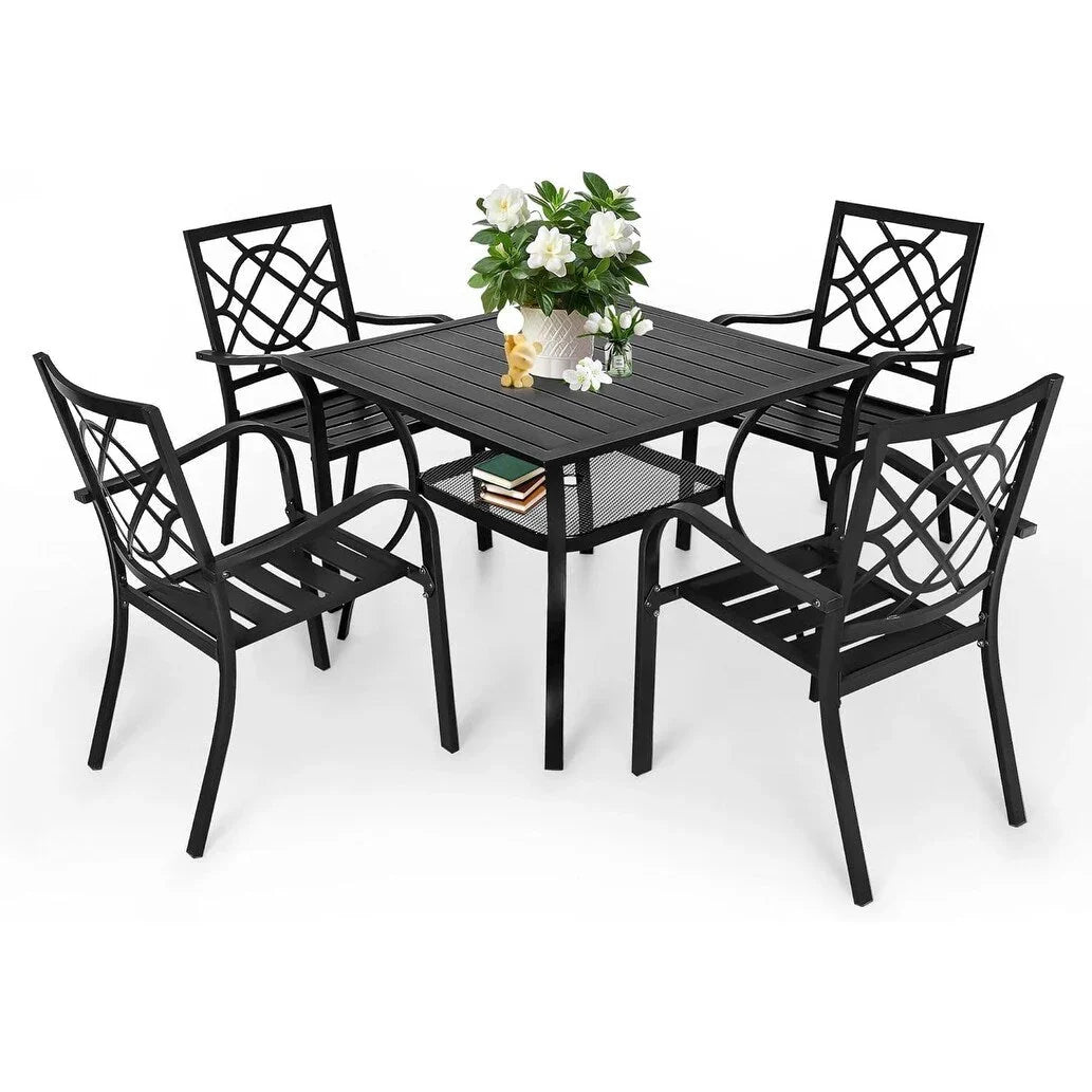 Set da pranzo SUNCROWN da esterno per patio, da 5/7 pezzi, in acciaio, con tavolo a doghe metalliche e sedie impilabili, struttura verniciata a polvere