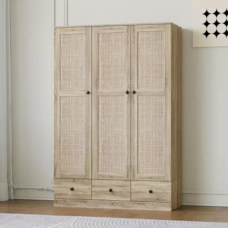 Famapy Rattan-Kleiderschrank mit 3 Schubladen, Schrank mit 3 atmungsaktiven Rattantüren, hoher Stauraumschrank im Landhausstil für das Schlafzimmer