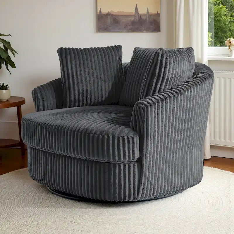 Extra grote 43 W pluche corduroy draaifauteuil met verzonken armleuningen en kuipvorm