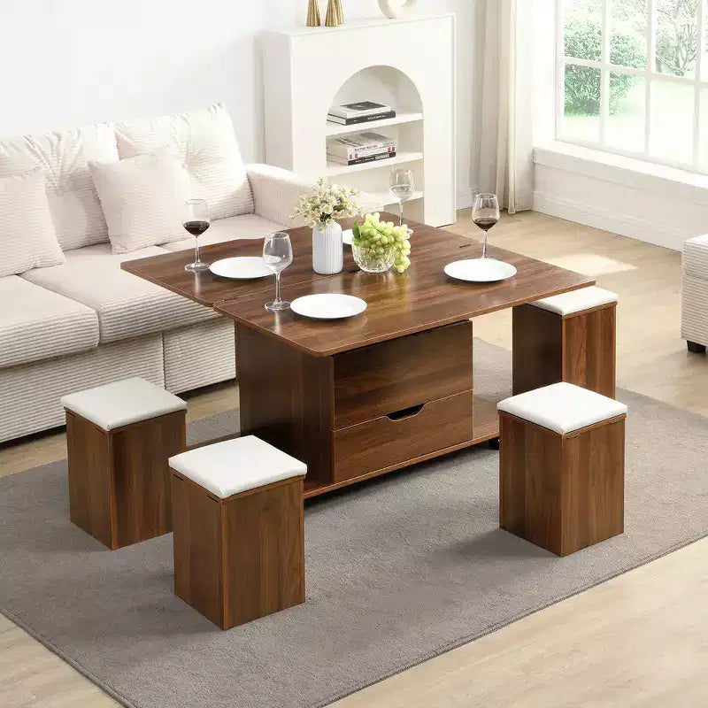 Multifunktionaler moderner Couchtisch mit Liftplatte, verborgenem Stauraum, 4 Hockern und Rollen – perfekt für moderne Wohnbereiche