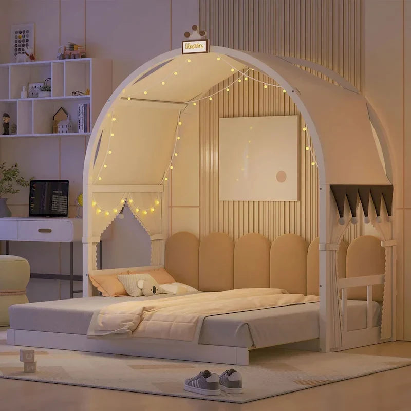 Letto Montessori a piattaforma in legno massello a forma di casetta, con tetto ad arco e letto estraibile, per bambine e bambini