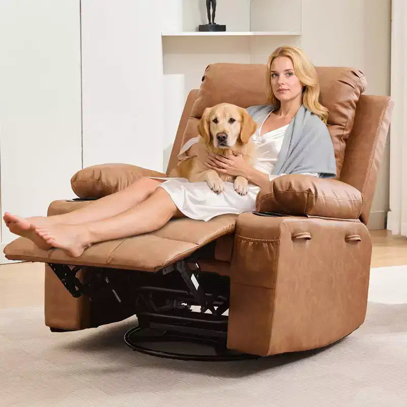 Poltrona reclinabile a dondolo girevole a 360° oversize con massaggio e calore - sedia lounge ergonomica con portabicchieri e tasche laterali per soggiorno e cameretta
