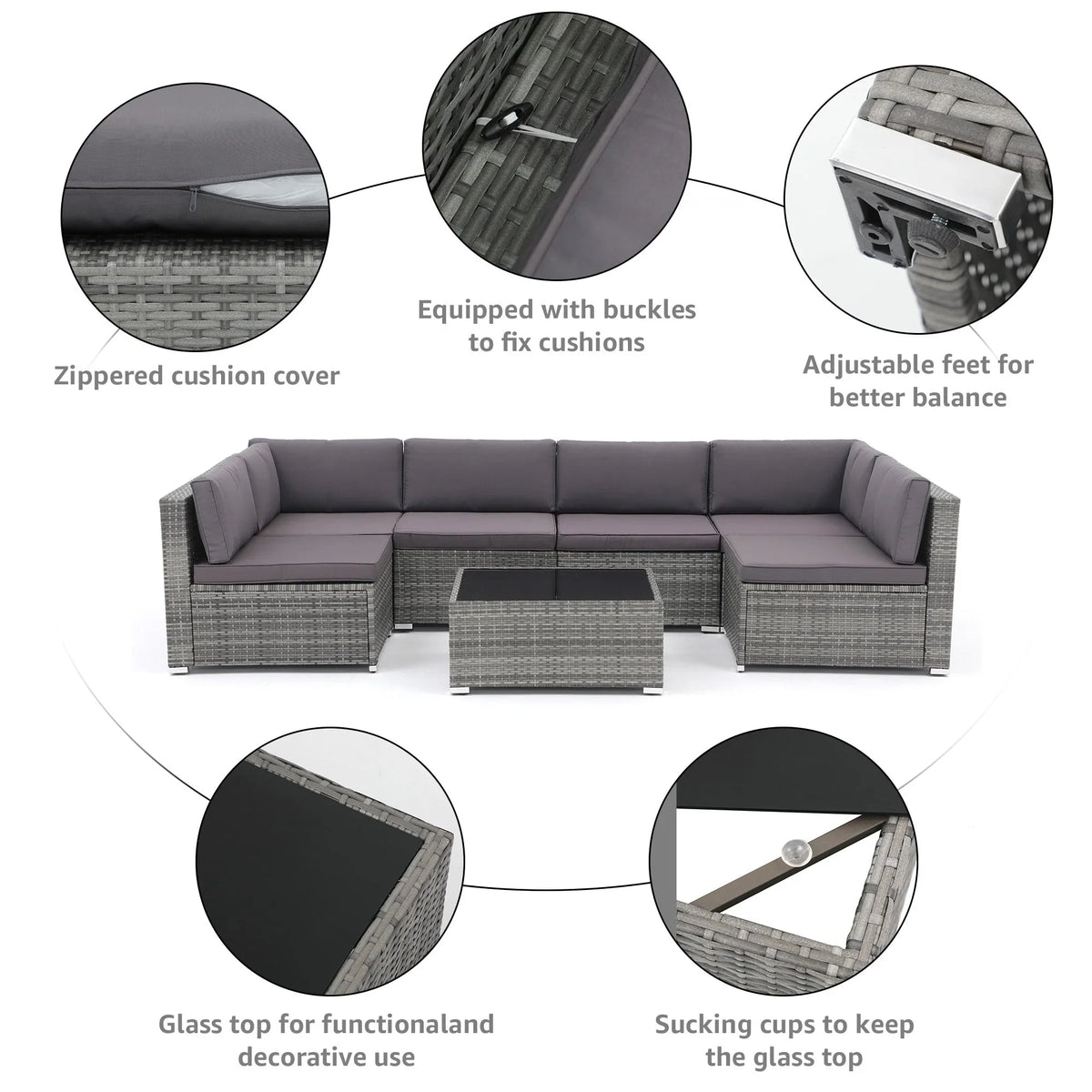 7-delige outdoor loungeset van vlechtwerk en staal met kussens