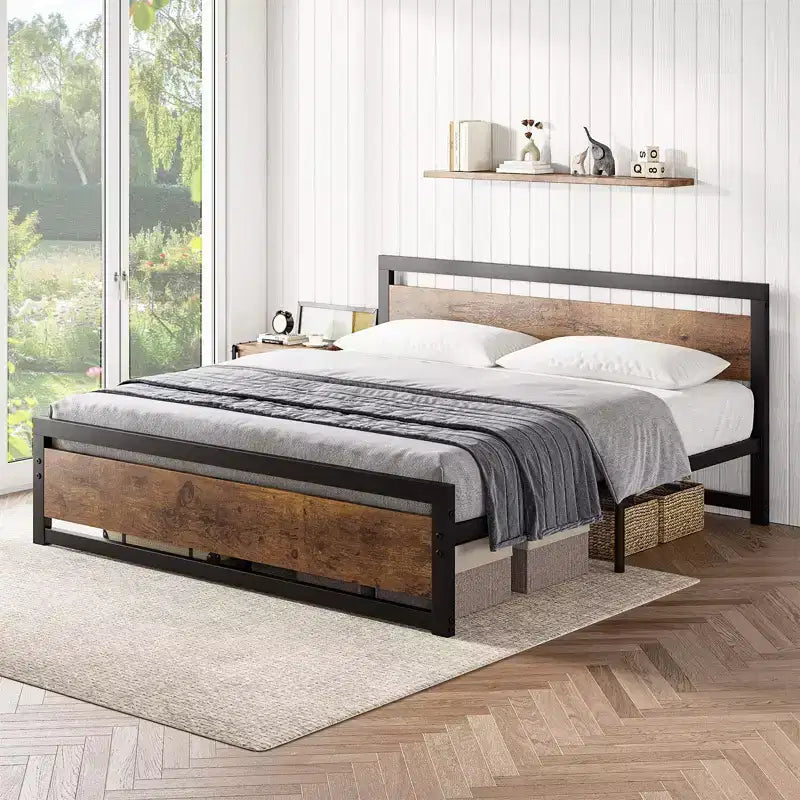 Qafas ta’ sodda heavy-duty b’headboard u footboard, pjattaforma tal-metall b’ħażna ta’ 13.8, mingħajr storbju u assemblaġġ mingħajr għodda, kannella vintage