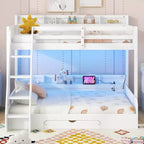 Twin over Full Bunk Bed with Storage, LED Lights & Charging Station, Wood Bunked Bed Beside Shelves for Kids & Teens