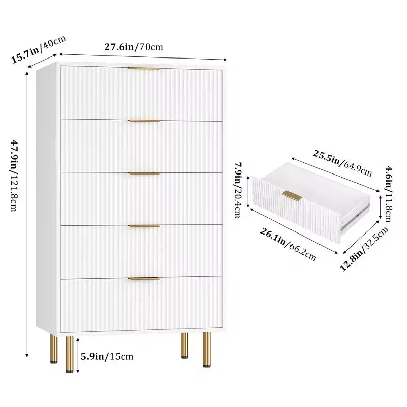 Weiß / Marmor und Holz, Kommode mit 5 Schubladen – geriffelte Front, für 1 Person