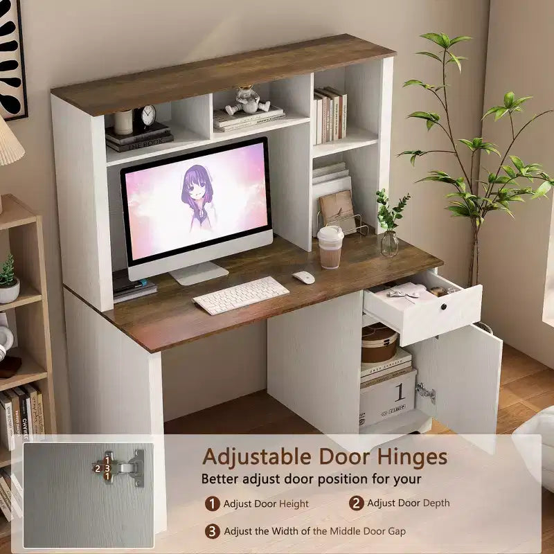 Moderne computerbureau van 51,18 inch met opzetkast en boekenkast, kantoorbureau met veel opbergruimte, schrijf bureau voor studeerkamer en leesruimte