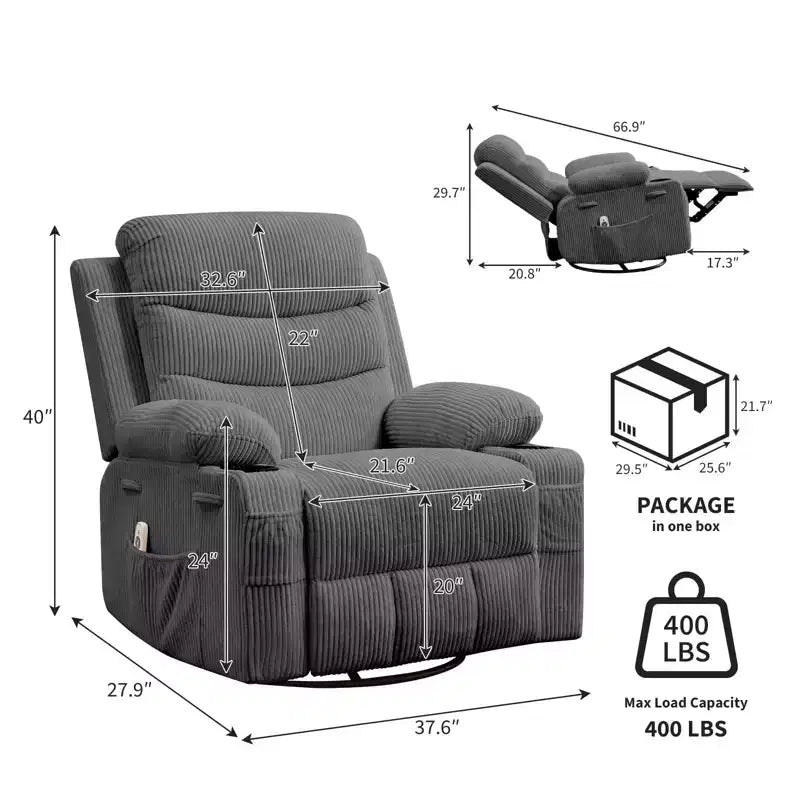 Poltrona reclinabile a dondolo girevole a 360° oversize con massaggio e calore - sedia lounge ergonomica con portabicchieri e tasche laterali per soggiorno e cameretta